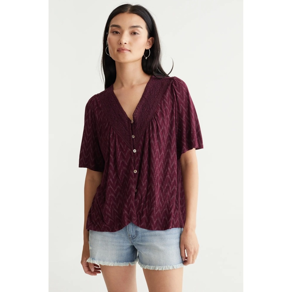 Lucky Brand Boho Blouse Women's‎ Small Burgundy Embroidered V-Neck Top Festival